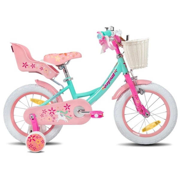 Mädchenfahrrad mit Stützrädern, Korb vorne und Sitz für Puppen, 16 Zoll, dekorative Bänder und Einhorn, für Vorschulkinder grün