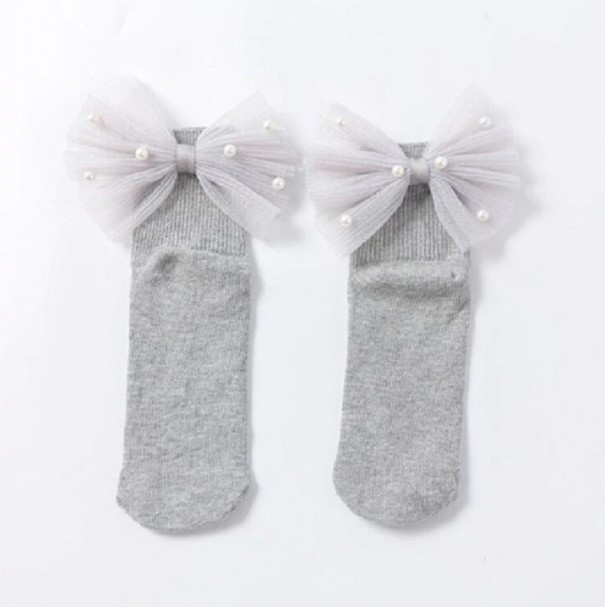 Mädchensocken mit großer Schleife und Perlen grau 3-5 Jahre