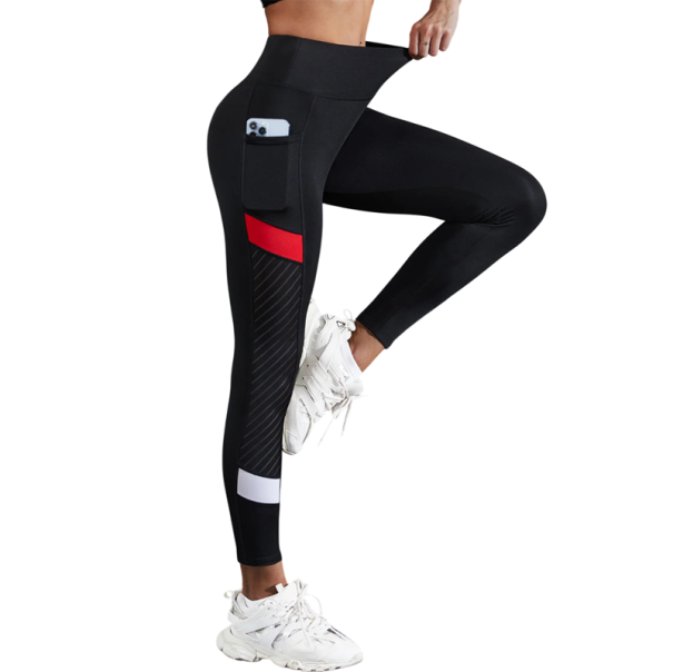 Magas derekú, hálós jóga leggings, hasformáló oldalsó zsebekkel, elasztikus sportleggings áttetsző oldalsó panelekkel fekete M