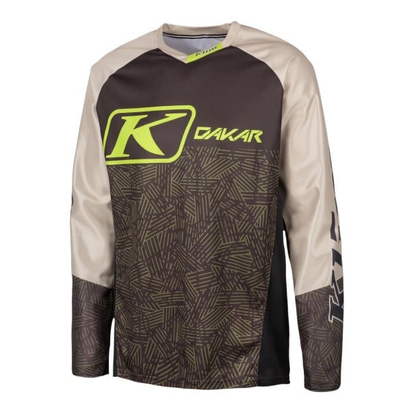 Maglia da motocross a maniche lunghe in beige e nero oliva con motivo geometrico e scollo a V per moto e guida off-road L
