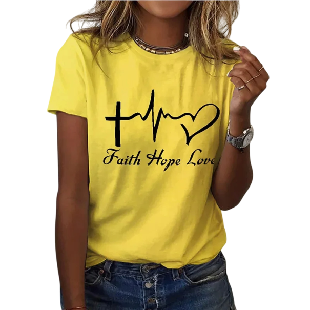 Maglietta con stampa Faith Hope Love Croce EKG e cuore Maglietta in cotone a manica corta Motivo casual di fede e amore per l'outfit quotidiano giallo S