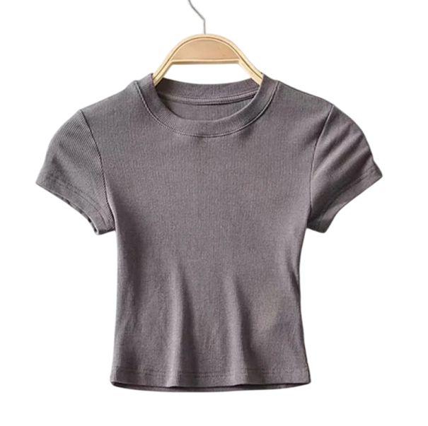 Maglietta crop a righe da donna con maniche corte Top elastico con scollo rotondo Taglio aderente moderno Maglietta monocromatica alla moda grigio L