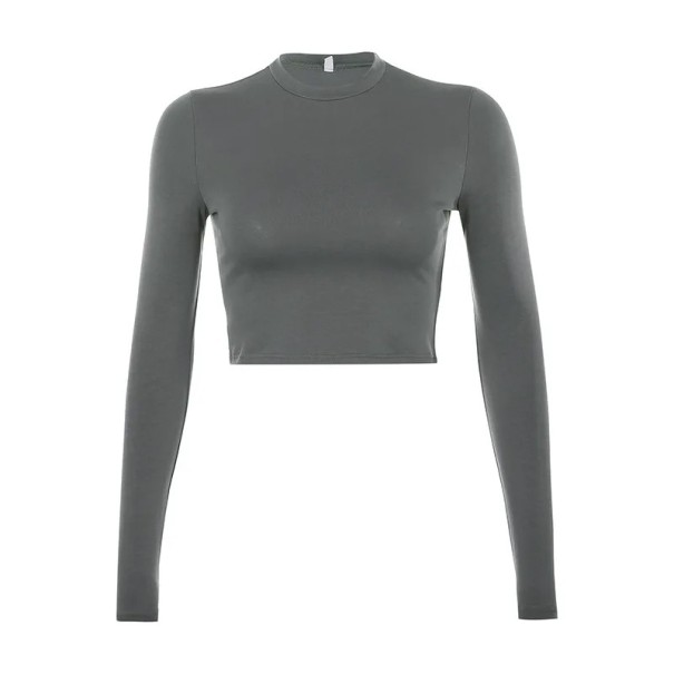 Maglietta crop da donna con maniche lunghe Maglietta elasticizzata aderente Collo rotondo Maglietta elegante per l'uso quotidiano grigio M