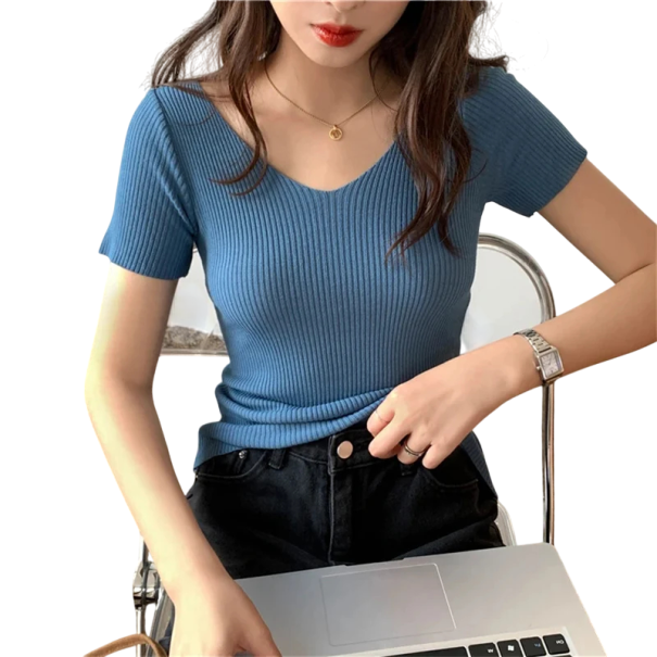 Maglietta da donna in maglia acrilica con maniche corte e scollatura a V Maglietta elegante a tinta unita Taglia universale per estate e autunno blu