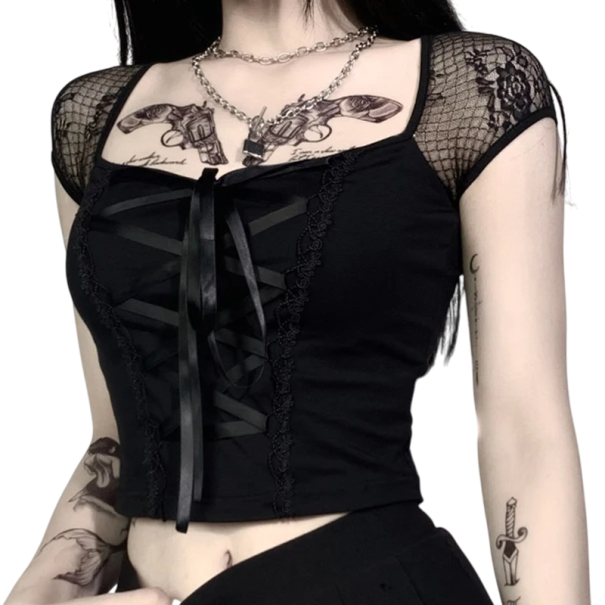 Maglietta nera da donna con maniche in pizzo e nastro di raso Aspetto corsetto Top sexy a maniche corte Maglietta elegante per feste S