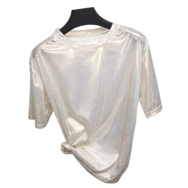 Maglietta scintillante da donna con maniche corte Taglio morbido Top lucido con scollo rotondo Maglietta alla moda per feste e uso quotidiano beige