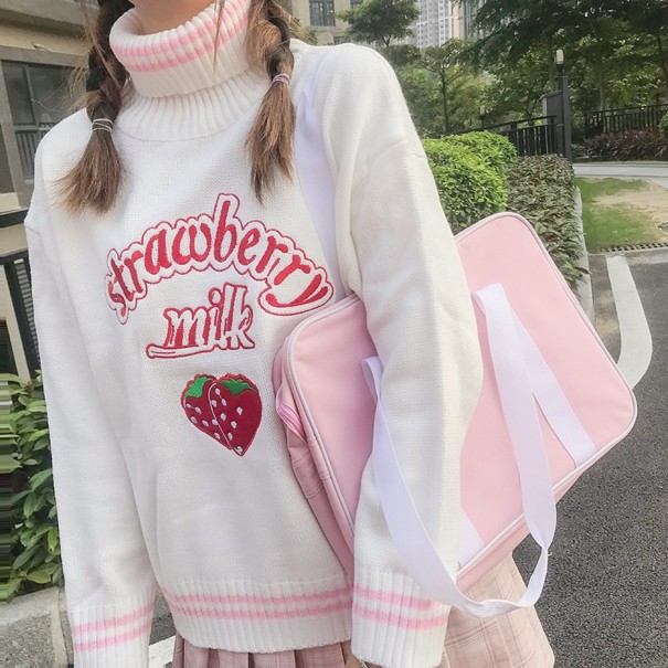 Maglione a collo alto da donna con fragola bianco