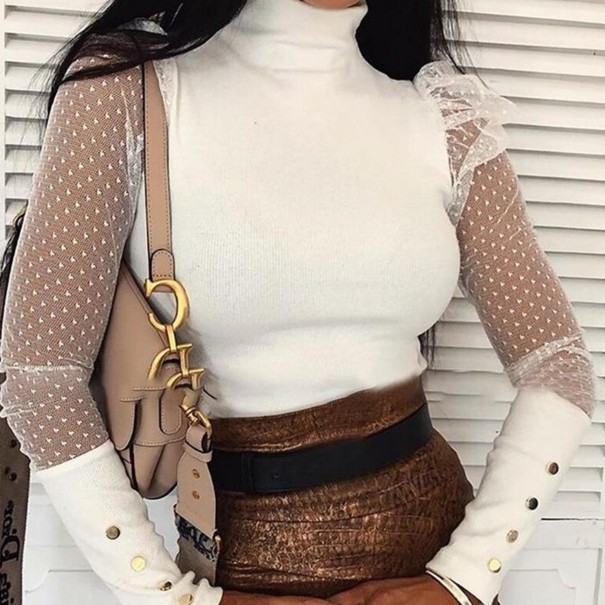 Maglione a collo alto da donna con maniche trasparenti G345 bianco L