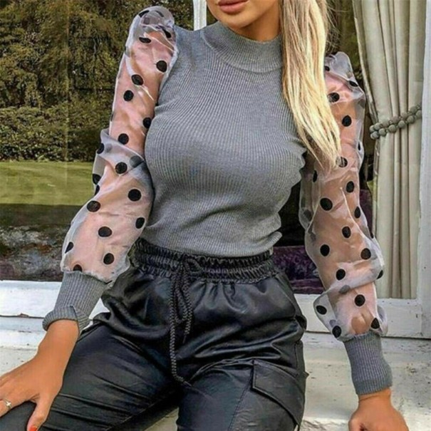 Maglione a collo alto da donna con maniche trasparenti grigio XS
