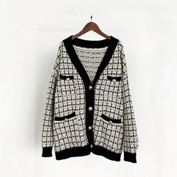 Maglione a quadri da donna con bottoni nero