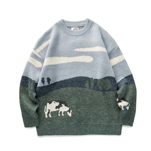 Maglione con motivo di mucca grigio L
