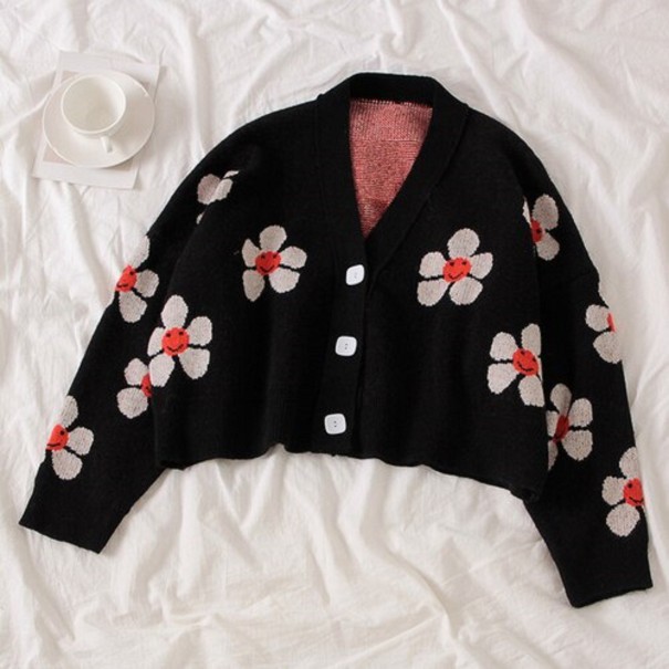 Maglione corto da donna con fiori nero