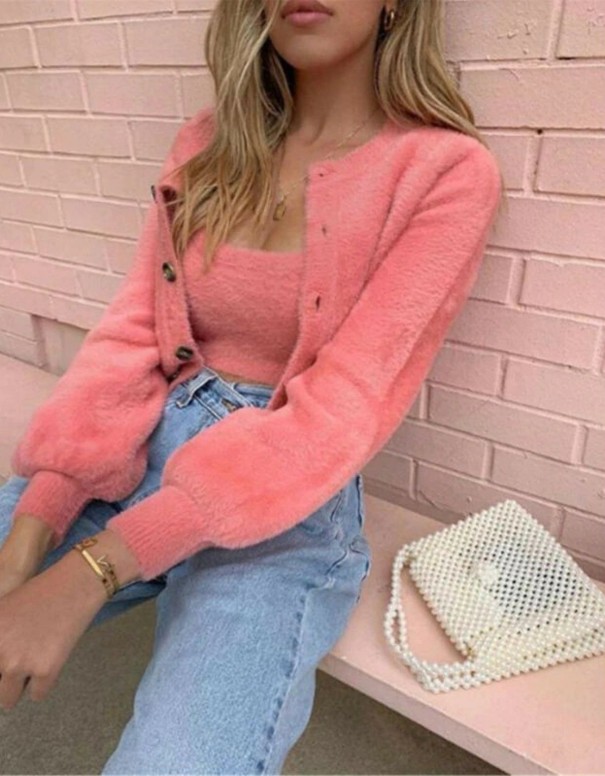 Maglione corto peloso da donna salmone L