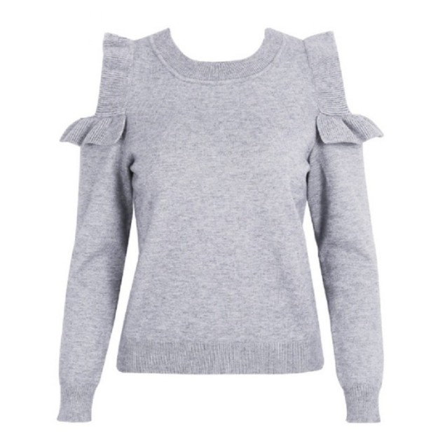 Maglione da donna con aperture a volant sulle spalle J2449 grigio M