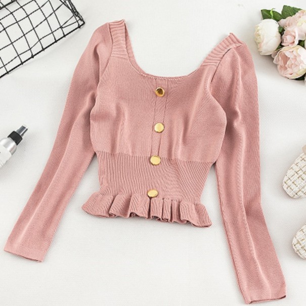 Maglione da donna con bottoni e volant rosa