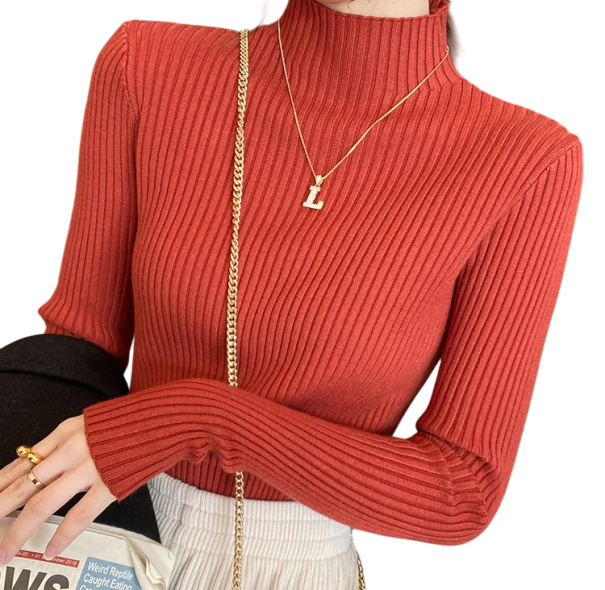 Maglione da donna lavorato a maglia con colletto alto in cotone e acrilico Maglione elegante monocolore con maniche lunghe Taglia universale per autunno e inverno rosso