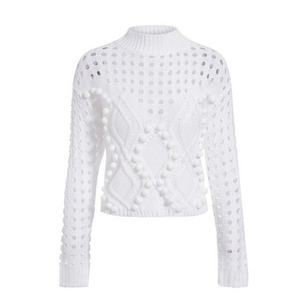 Maglione da donna lavorato a maglia con pompon bianco XL