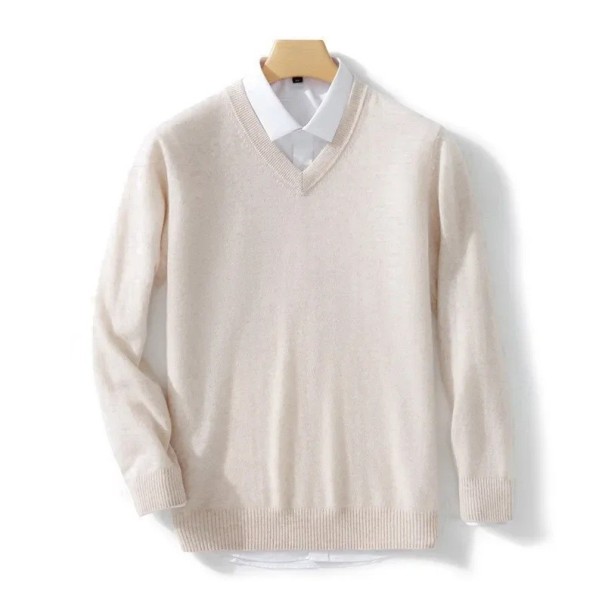 Maglione da uomo a maniche lunghe con scollo a V Maglione elegante a maglia monocolore Lana e fibre elastiche Moda autunnale invernale beige S