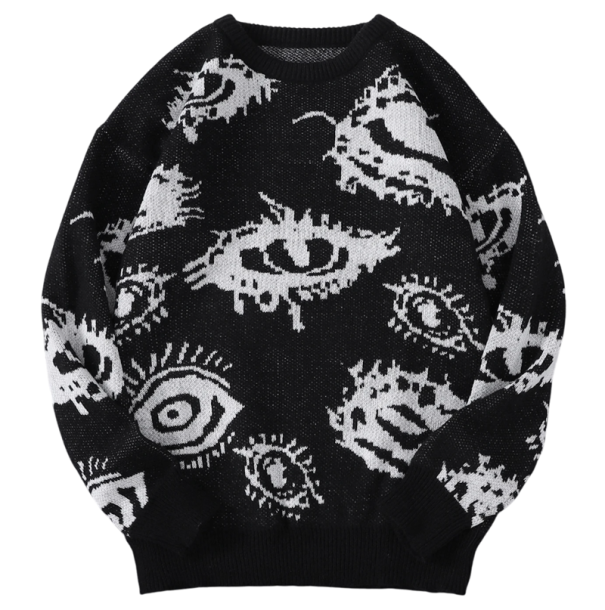 Maglione da uomo con scollo rotondo Maglione lavorato a maglia monocolore con motivo astratto a occhio Maniche lunghe Maglione autunnale invernale alla moda Poliestere nero XS