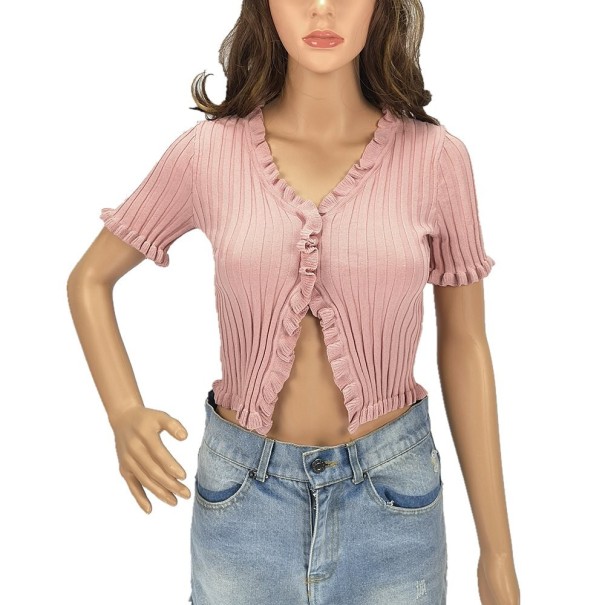 Maglione lavorato a maglia con volant da donna rosa chiaro