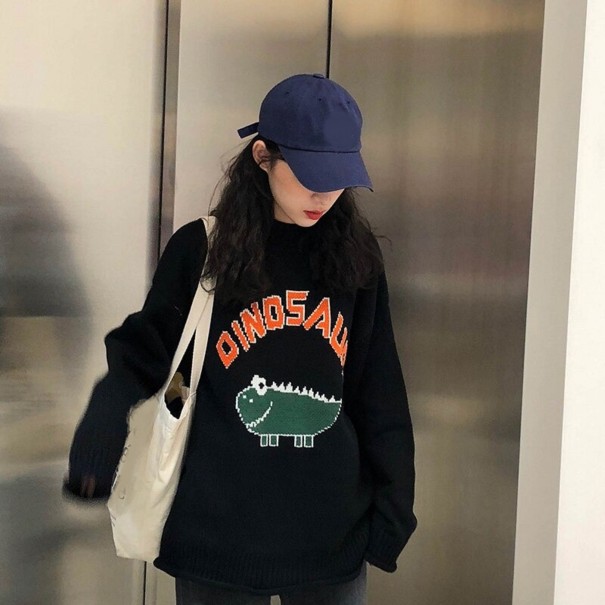 Maglione lavorato a maglia da donna con dinosauro nero