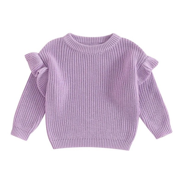 Maglione lavorato a maglia per neonati con volant in cotone e acrilico Maniche lunghe Top loose a tinta unita con scollo rotondo O-neck per ragazze e ragazzi viola 5