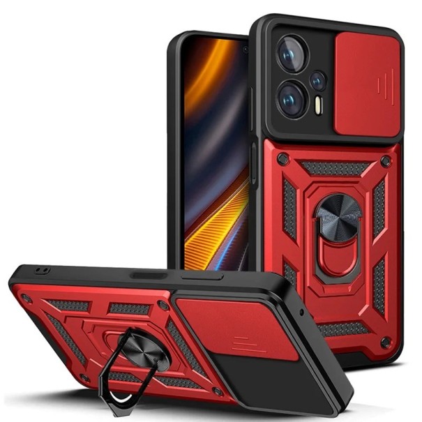 Mágneses védőburkolat, állvány és lencsesapka Xiaomi Poco F3 5G-hez piros
