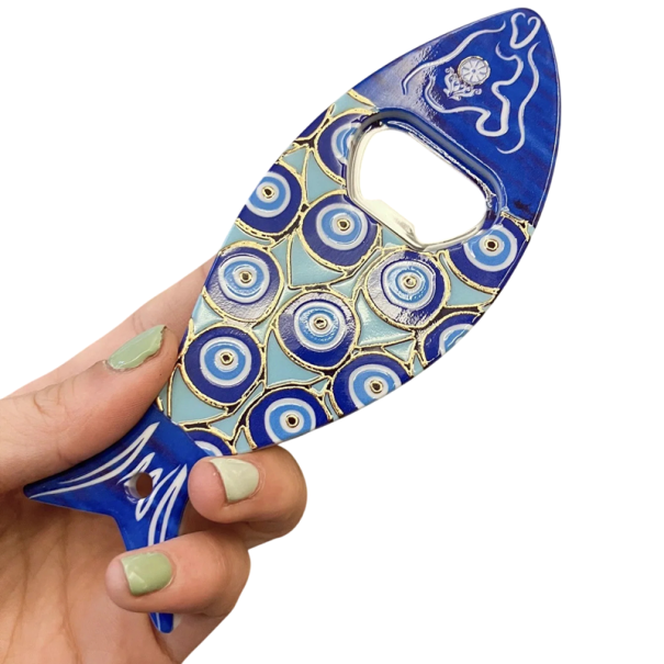 Magnetic Bottle Opener Fish 2-in-1 Decorative Magnet Blue Evil Eye Pattern Kitchen Accessory for Fridge and Metal Surfaces 1