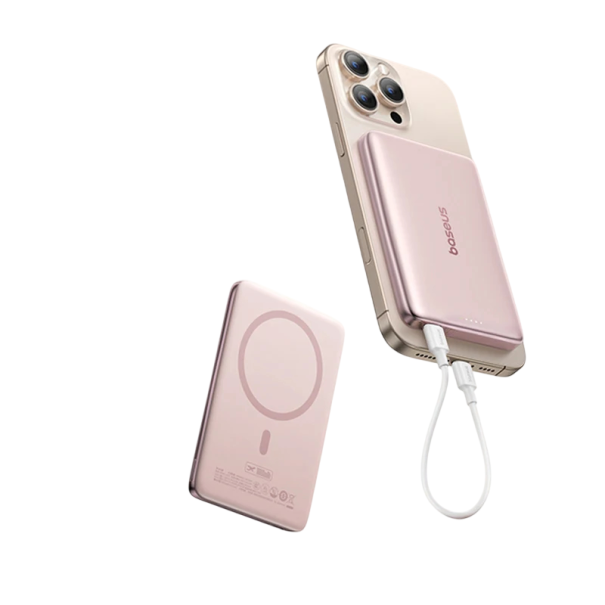 Magnetická powerbanka Baseus S bezdrátovým nabíjením 15 W a rychlonabíjením PD 20 W 5000 mAh Hliníkový kryt Na telefon i cestování růžová