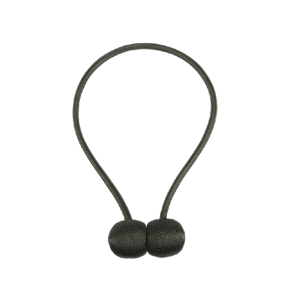 Magnetická spona na záclony s opleteným lankem 49 cm polyester a magnet dekorativní úchyt pro závěsy a záclony černá