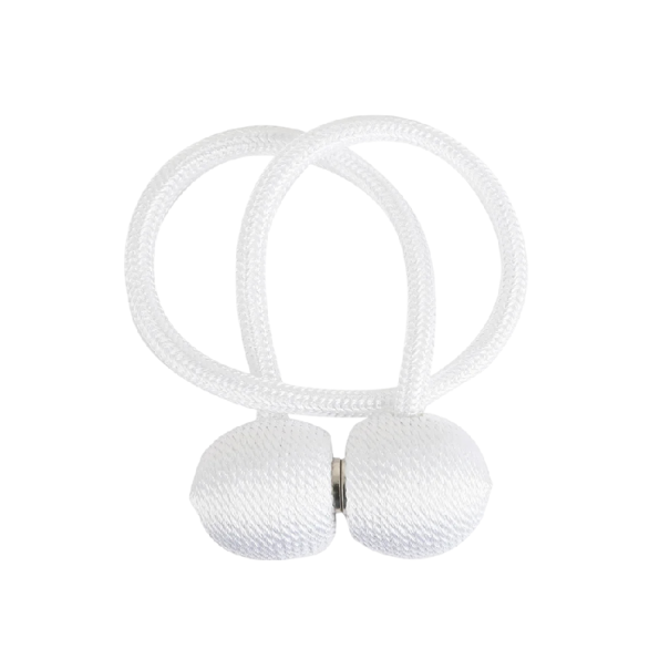 Magnetická spona na záclony s opleteným lankom 49 cm polyester a magnet dekoratívny úchyt pre závesy a záclony biela