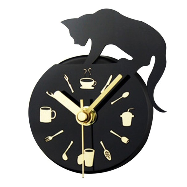 Magnetické analogové hodiny na lednici se siluetou kočky Černý ciferník se zlatými kuchyňskými motivy Otvor pro zavěšení Velikost 8,5 cm 1