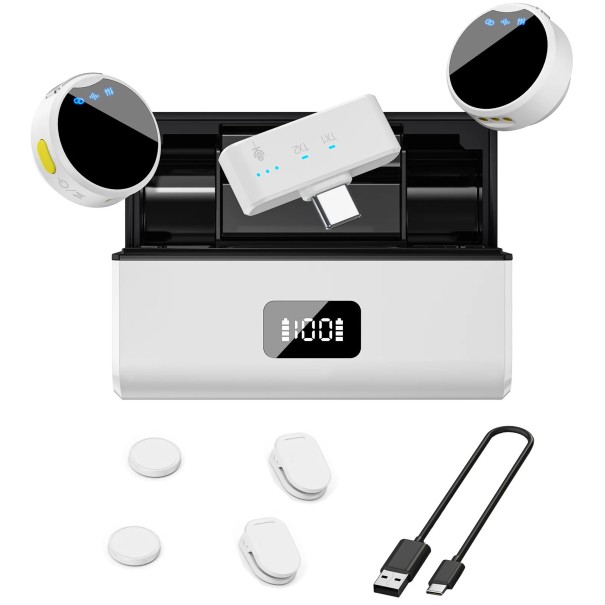 Magnetický bezdrátový mikrofon USB-C 100 m dosah 6+23 h výdrž Potlačení šumu Reverberace Monitoring Nabíjecí pouzdro Ultralehký design bílá