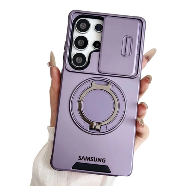 Magnetický kryt na Samsung Galaxy A55 Odolný so stojánkom Krytka objektívov Sklápací krúžok na zadnej strane Pre bezdrôtové nabíjanie Na fialová