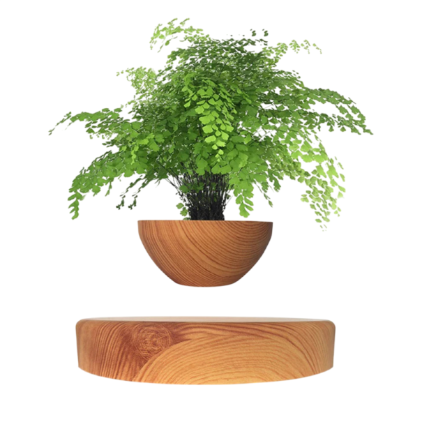 Magnetický levitující květináč s dřevěným designem 14,5 x 3 cm pro bonsaj hnědý plovoucí stolní dekorace do bytu kanceláře 1