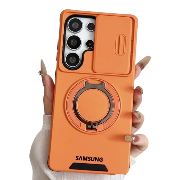 Magnetický obal so stojanom na Samsung Galaxy A06 Odolný Posuvná krytka objektívov Kružok na prst Podpora bezdrôtového nabíjania oranžová