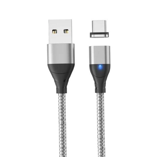 Magnetický rychlonabíjecí kabel USB A na USB C 2 m 3A LED indikátor silný magnet nabíjení a datový přenos magnetická zástrčka telefonní drát stříbrná