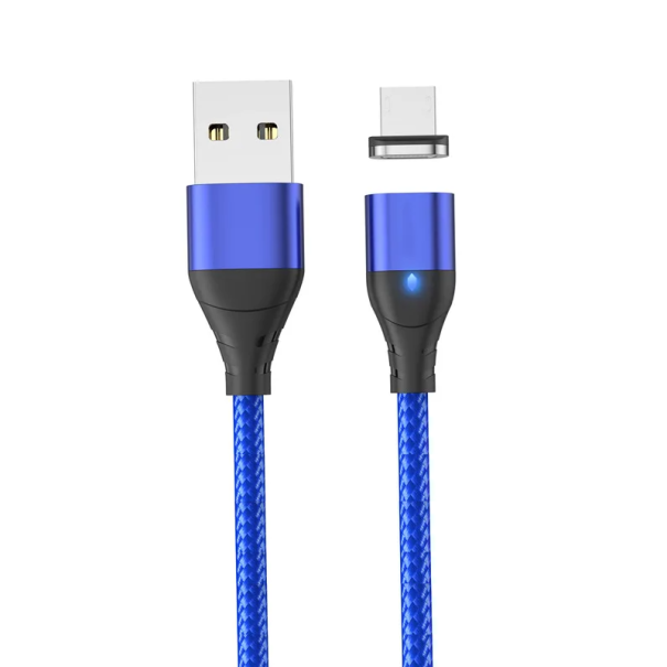 Magnetický rychlonabíjecí USB A na Micro USB kabel 2 m 3A silný magnet LED indikátor datový a napájecí kabel magnetická zástrčka modrá