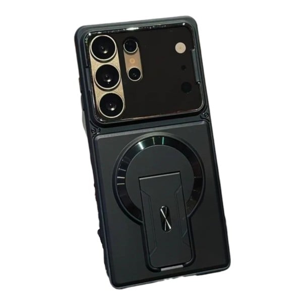 Magnetikus tok Samsung Galaxy A56-hoz Tartós Kihajtható állvány Kihajtható kamerakupak Vezeték nélküli töltés támogatása Mobil tok fekete