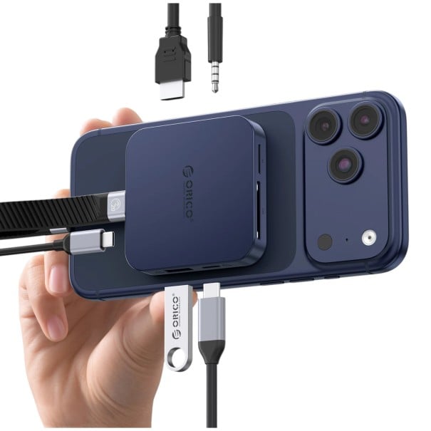 Magnetische Dockingstation USB-C 6,4 x 6,4 x 1,2 cm mit 7 Ports HDMI 4K 60 Hz PD 100 W RJ45 SD-Kartenleser und Unterstützung für SSD M.2 dunkelblau