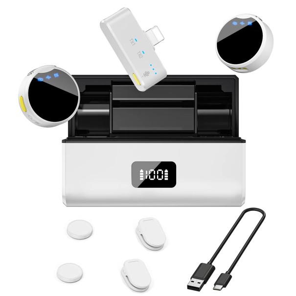 Magnetische draadloze microfoon Lightning voor iPhone Bereik van 100 m Batterijduur van 6+23 uur Ruisonderdrukking Nagalmbewaking Oplaadcassette wit