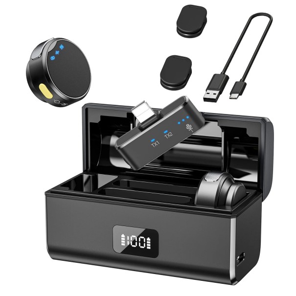 Magnetische draadloze microfoon Lightning voor iPhone Bereik van 100 m Batterijduur van 6+23 uur Ruisonderdrukking Nagalmbewaking Oplaadcassette zwart