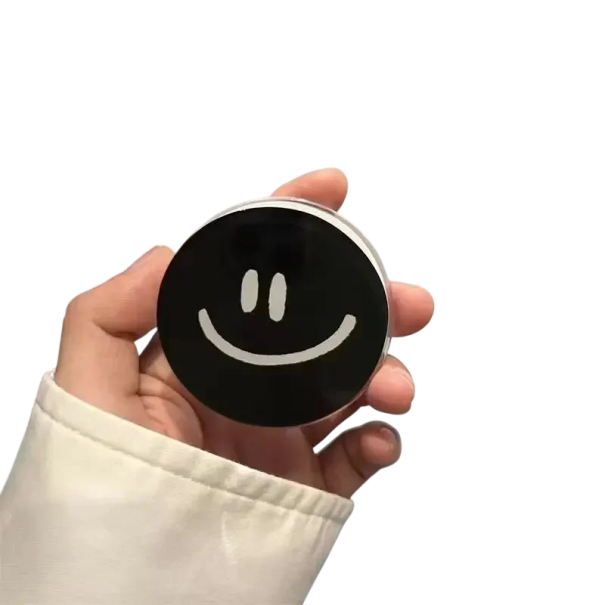 Magnetische houder voor iPhone 12 tot 16 Stijlvolle telefoonhouder met een asymmetrisch smiley-motief Decoratieve standaard zwart