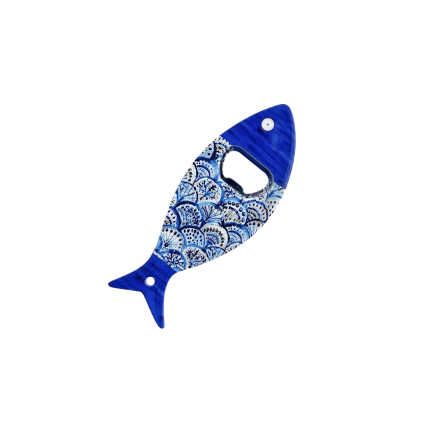 Magnetischer Flaschenöffner Fisch 2in1 dekorativer Magnet blauer Muschel-Muster Küchenzubehör für Kühlschränke und metallische Oberflächen 1