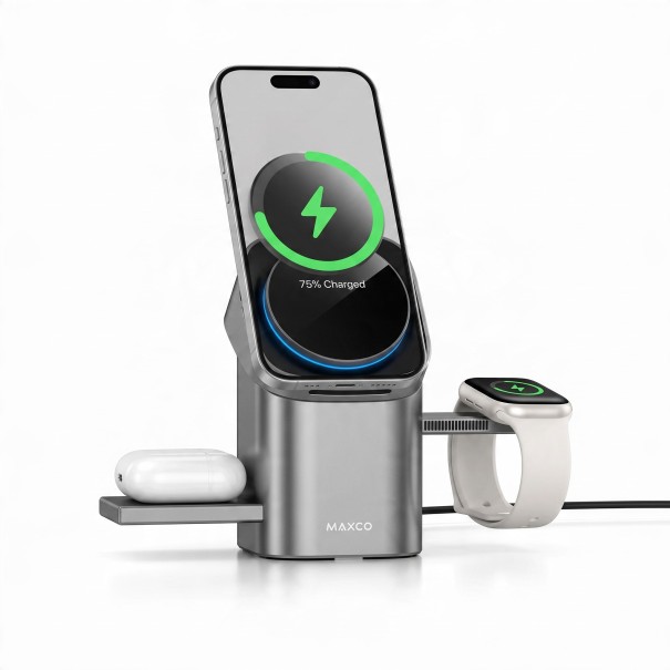Magnetisk trådløs opladningsstation 3i1 Qi2 15 W til iPhone Apple Watch og AirPods Udsugningsoplader Grå Kompakt skrivebordsstativ 1