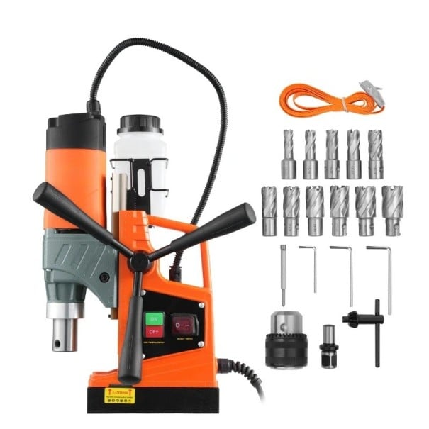 Magnetkernbohrmaschine 1450W, 800 U/min, Bohrung bis 40 mm und Tiefe 50 mm, Set mit 11 Kernbohrern, orange-schwarz, für Metall
