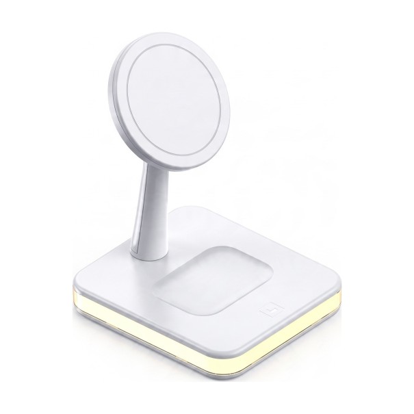 Magnettinen langaton laturi 2 in 1 15 W yö LED-valolla Kääntyvä teline iPhonelle ja AirPods-kuulokkeille yöpöydällä valkoinen