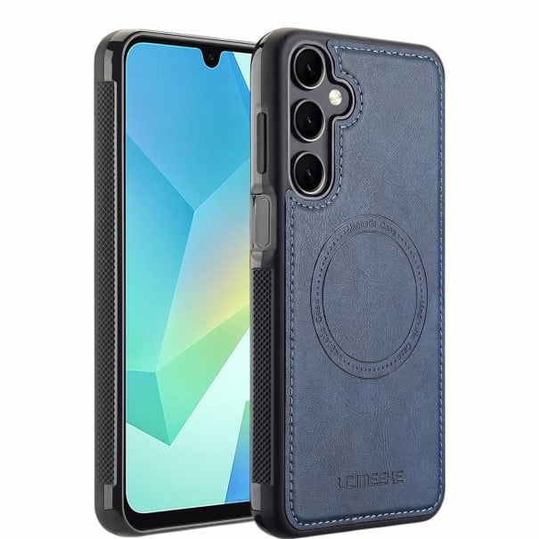 Magnetyczny pokrowiec na Samsung Galaxy A37 z wyglądem skóry i przeszyciem Wytłaczane boki Ochronny futerał na telefon do magnetycznego uchwytu w samochodzie niebieski