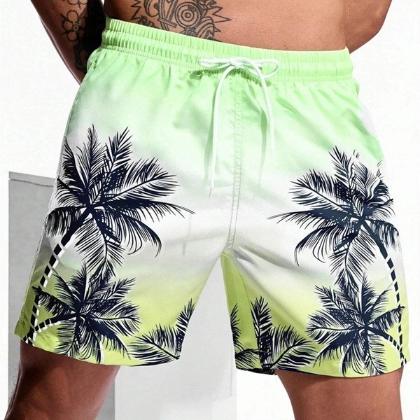 Maillot de bain hawaïen imprimé palmiers pour homme, short de bain respirant à séchage rapide pour l’été, maillot de bain ample avec cordon de serrage vert XS