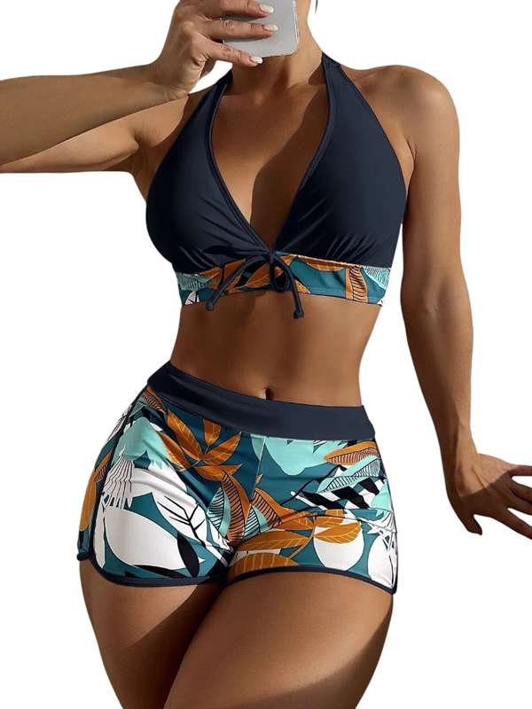 Maillot de bain sportif deux pièces pour femmes avec motif tropical et shorts Ensemble de maillot avec soutien-gorge halter et cordon de serrage sous la poitrine noir M
